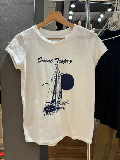 NO.14 Print Slim Navy T-shirts Women New Cotton Casual O-neck Short Sleeve Tees Girl American Vintage Streetwear Tshirt Y2K Tops