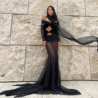 Off Shoulder Mesh Ring Buckle Cutout Hooded Cape Maxi Dress