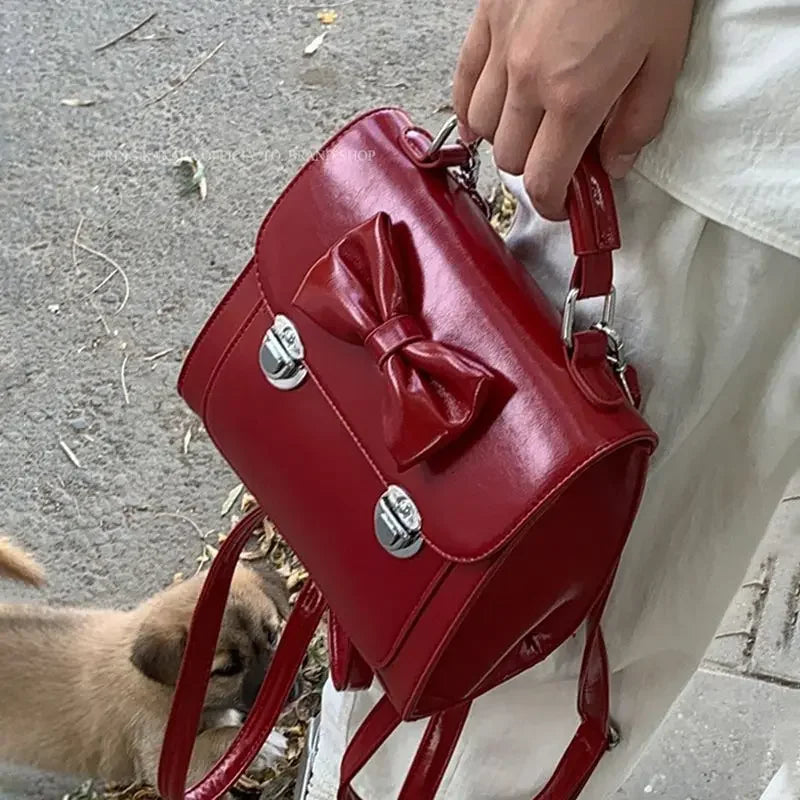 Elegant Womens Backpack Cute Bow Vintage Red Small Square Casual Backpack Fashion Gentle Advanced Female Korean Popular Bag