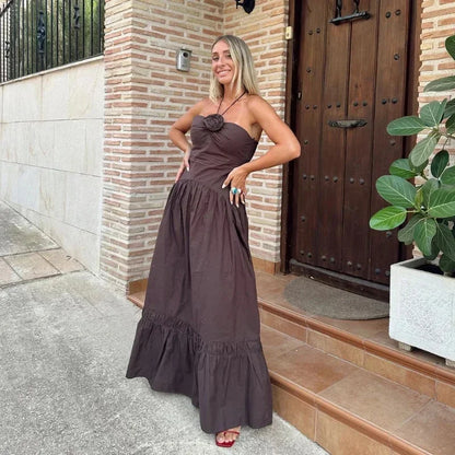 Elegant 3D Flower Halter Long Dress Women Pleated Backless Patchwork Sleeveless Off Shoulder Party Dresses New Holiday Robe