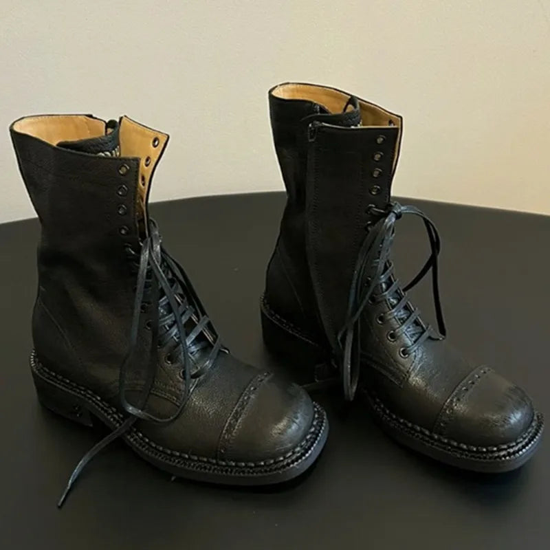 Designer Luxury Brand Martin Boots Women Side Zipper Mid Heel Lace-up Round Toe Female Shoes Runway Solid Color Motorcycle Boots