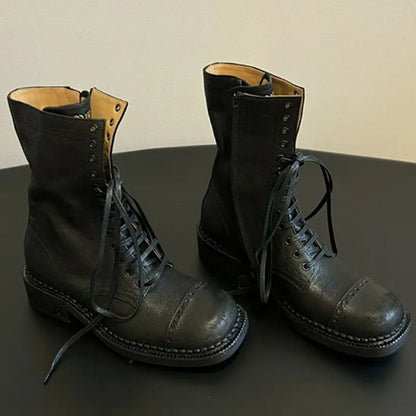 Designer Luxury Brand Martin Boots Women Side Zipper Mid Heel Lace-up Round Toe Female Shoes Runway Solid Color Motorcycle Boots