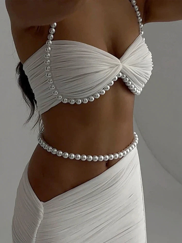 Fashion Elegant 2Piece Set Woman Pearl Decoration Halter Crop Tops+Mesh Patchwork Low-Waist Long Skirt Sexy Style Outfits