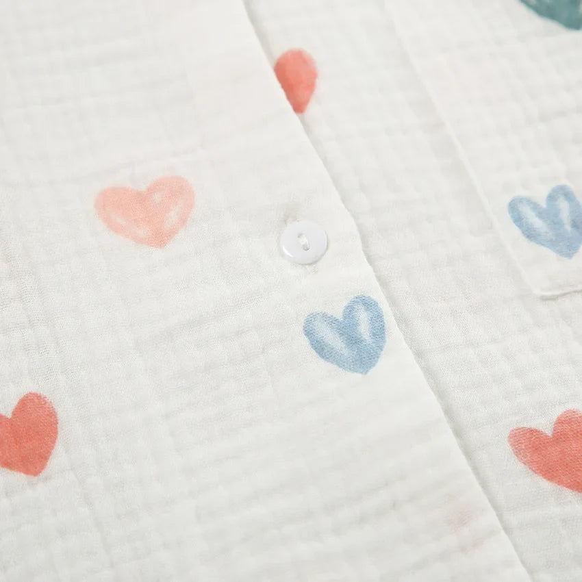 Heart Print Lapel Short Sleeve Top + Shorts Pajamas Loose 100% Cotton Comfortable Women Sets Casual Homewear Sleepwear Outfits