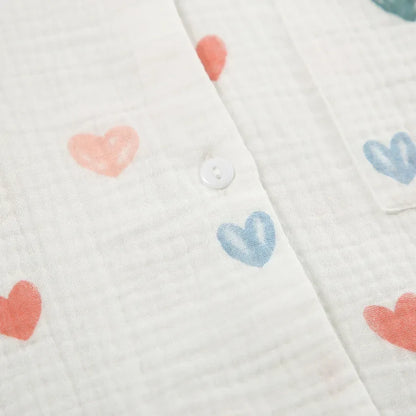 Heart Print Lapel Short Sleeve Top + Shorts Pajamas Loose 100% Cotton Comfortable Women Sets Casual Homewear Sleepwear Outfits