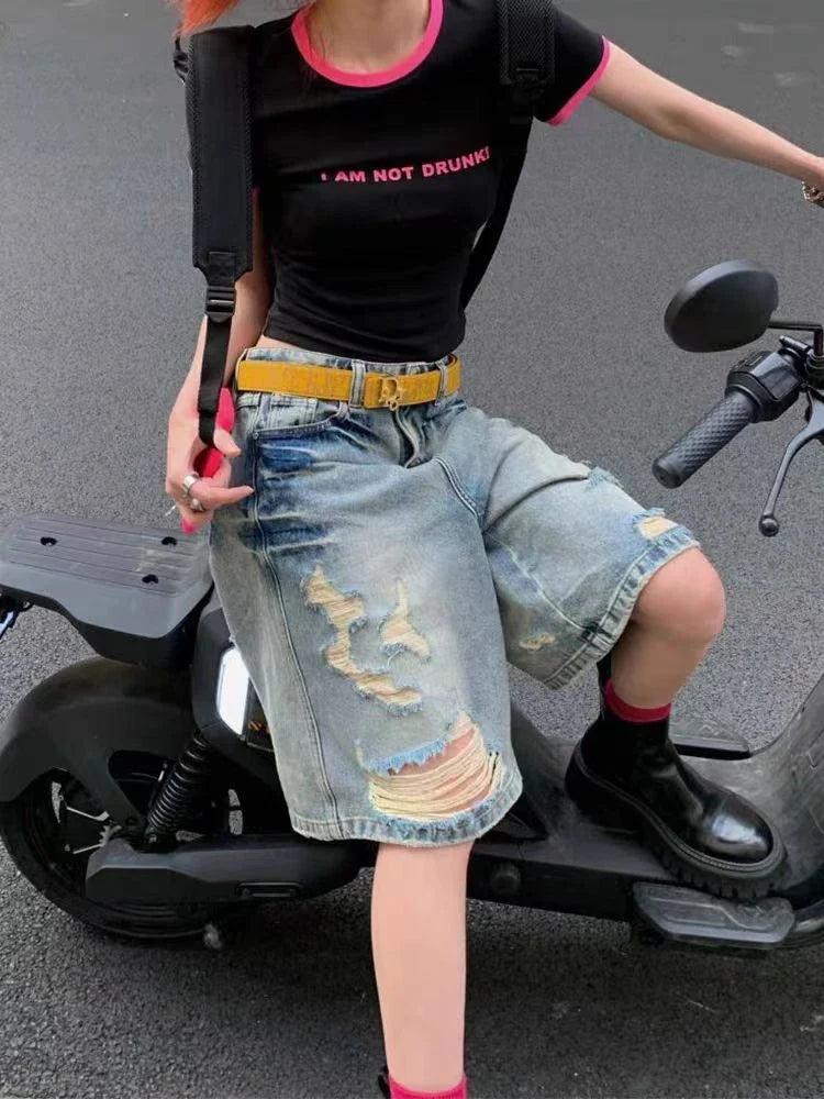Women's Worn Out Distressed Personality Cropped Jeans Summer New Street Style Thin Denim Shorts Casual Female Knee Length Pants