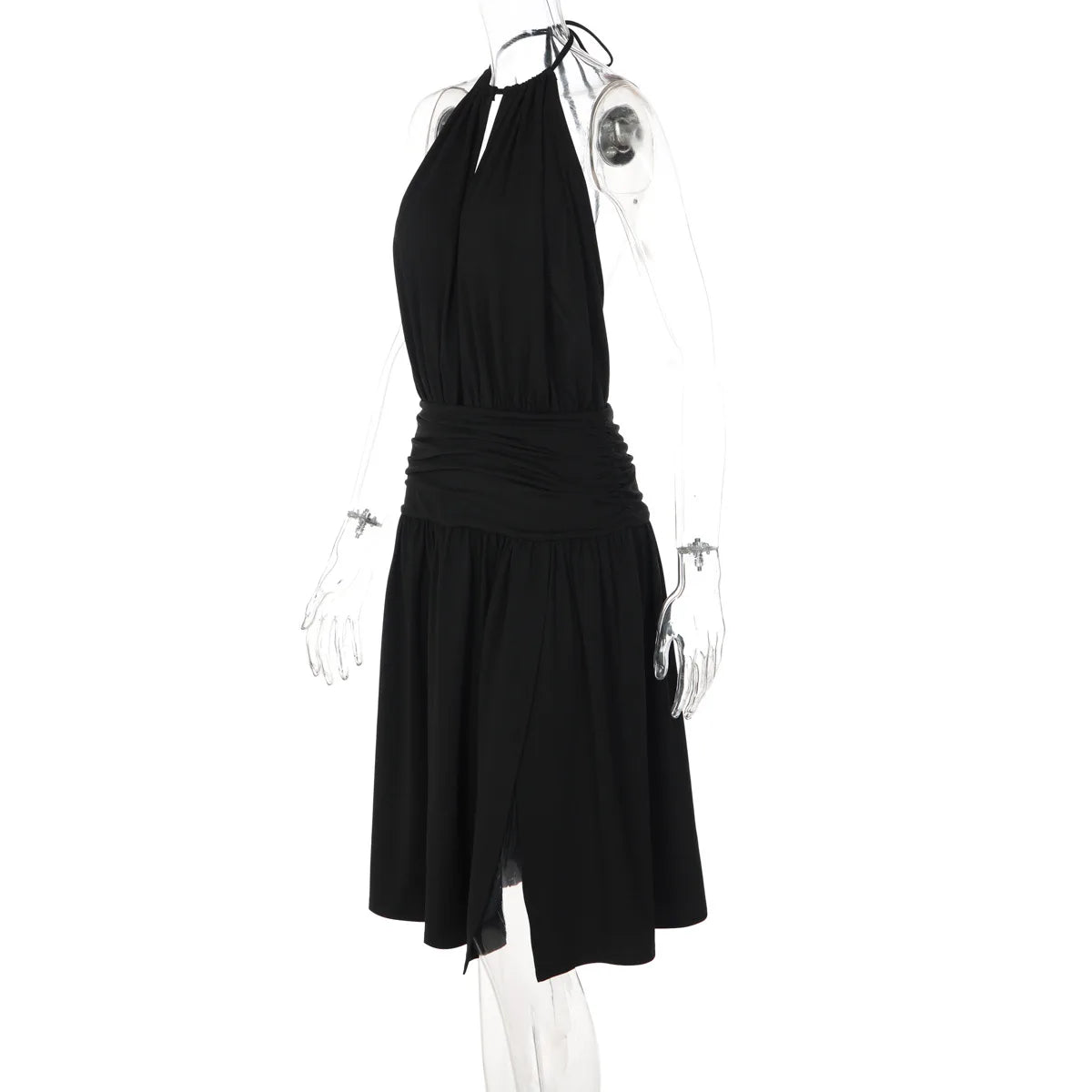 Elegant Women Streetwear Vacation Dresses Sexy Deep V-Neck Halter Dress Black Ruched Backless Lace Up Split Long Dress