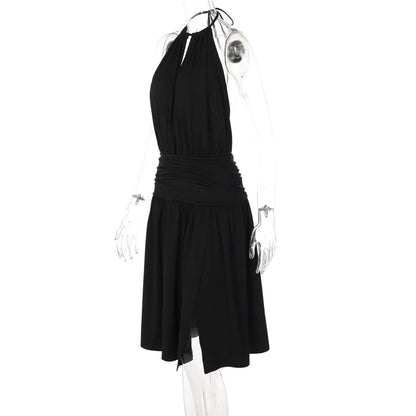 Elegant Women Streetwear Vacation Dresses Sexy Deep V-Neck Halter Dress Black Ruched Backless Lace Up Split Long Dress