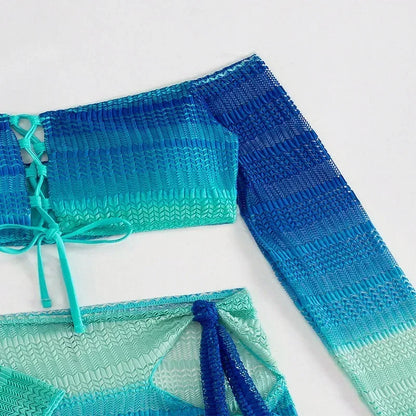 Blue Long Sleeve Swimsuit 3 Piece Bikinis Sets Women Front Lace-up Swimwear with Cover Up Mini Skirts Beach Wear Bathing Suit