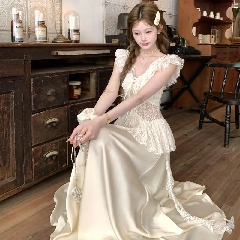 Summer New Vintage Design Off-Shoulder Dresses Elegant Lace Splice Fitted Hollow Out Strap Dress Evening Gown Women Outfits