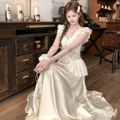 Summer New Vintage Design Off-Shoulder Dresses Elegant Lace Splice Fitted Hollow Out Strap Dress Evening Gown Women Outfits