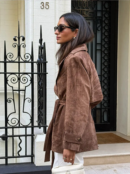 Autumn Fashion Lace Up Lapel Collar Suede Jacket Women Retro Double Breasted Long Sleeve Coat Lady Vintage Chic Windbreaker