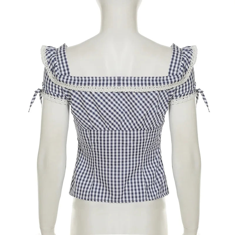 Sweet and spicy retro lace lace patchwork check shirt French daily basic cinched waist style school square neck top