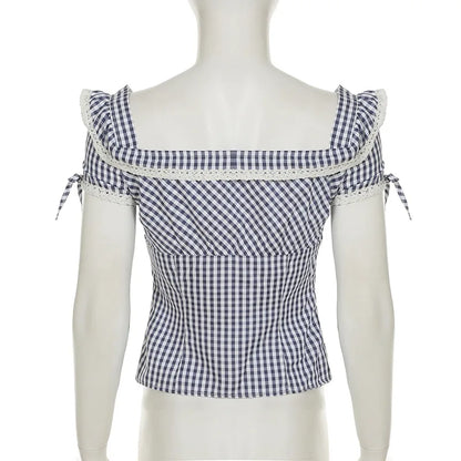 Sweet and spicy retro lace lace patchwork check shirt French daily basic cinched waist style school square neck top