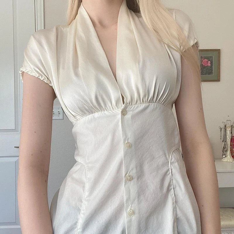 French Retro Satin A-line Shirt Chic Fashion Slimming Short Sleeve V-neck Blouses Office Ladies Elegant Top All-match