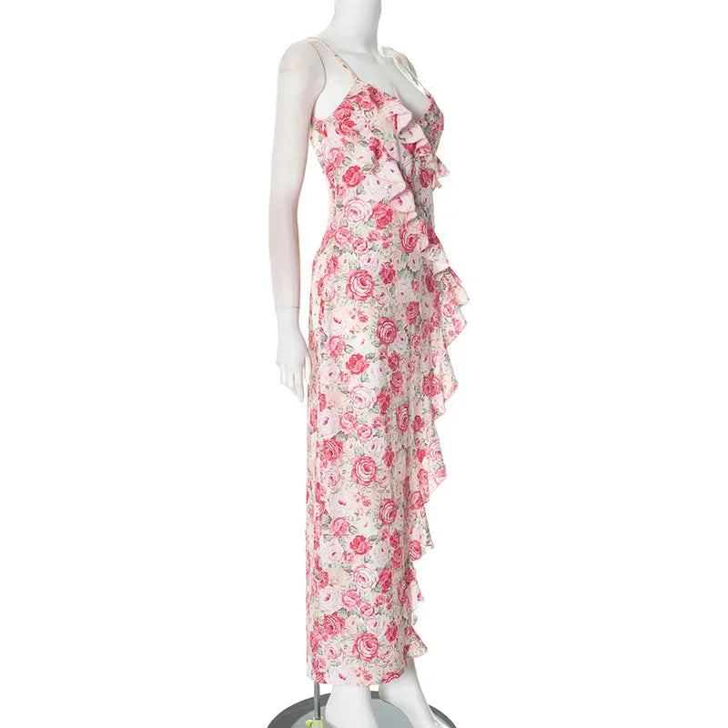Flower Printed Strap Dress 2025 Spring New Fashion Elegant Sleeveless V Neck High Slit Ruffles Vestidos Beach Vacation Robe