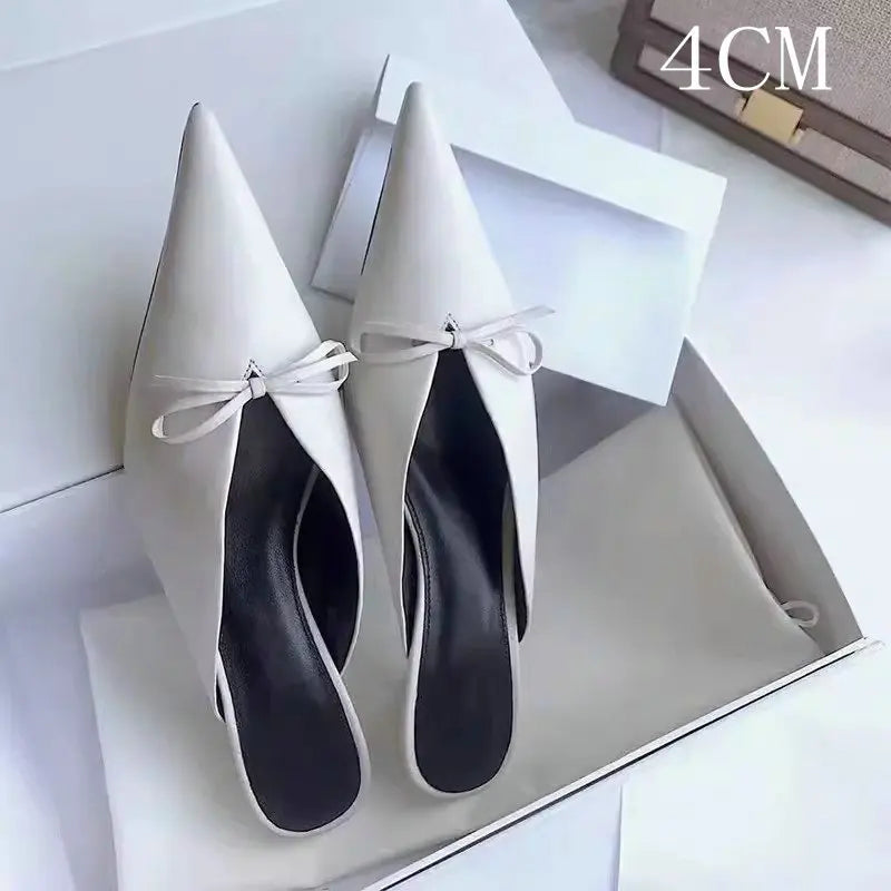 Super Hot Pointy Bow V-Top Skinny Heel Bun Towing Summer Muller Shoes Fashion Leather Low Heel Pumps