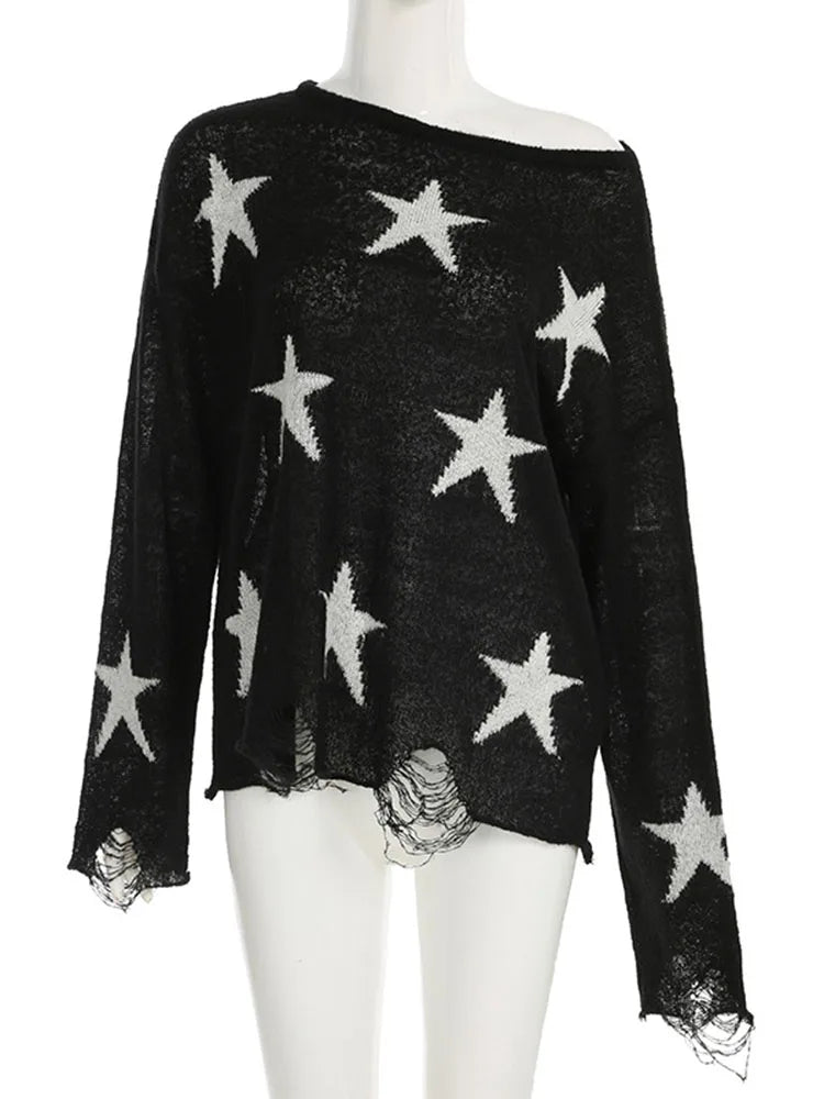Street Stars Printed irregular Wide Collar Sweater Hot Girl Loose Thin Ripped Knit Sexy See Through Pullovers Long Sleeve
