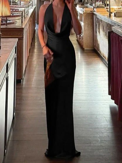 Women's Evening Gown Deep V Neck Halter Sexy Maxi Dress Solid Color Summer Sleeveless Backless Slim Fit Party Long Dress