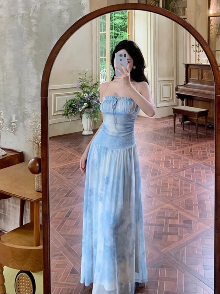 Holiday Beach Vintage Printed Backless Long Blue Dress Women Summer Spaghetti Strap Elegant Fairy Dress Evening Party Dresses