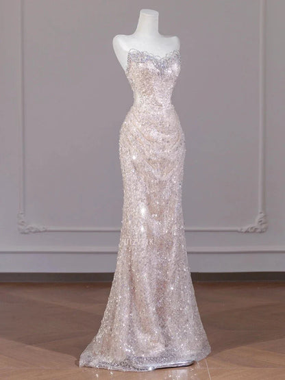 Sexy Champagne Sequins Prom Dresses Sweetheart Strapless Open Back Evening Party Dress Mermaid Sleeveless Formal Occasion Dress