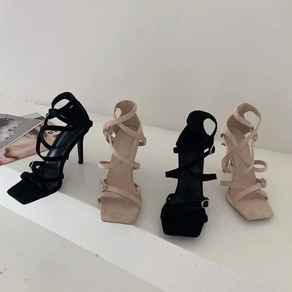 ZA Summer Sexy Sandals Square Toe Suede Concise Narrow Band Women Dress Shoes Belt Buckle Solid Color High Heel Calzado