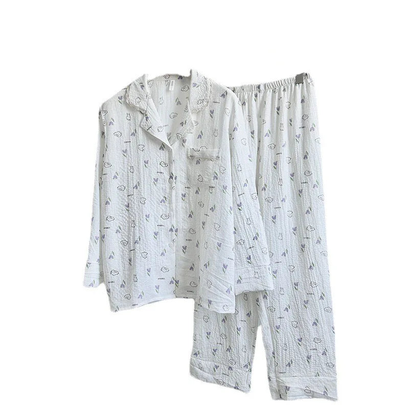 Sleepwear Cotton Pajamas Long Sleeve Pyjamas Women Nightwear Lapel Pyjamas Home Clothes