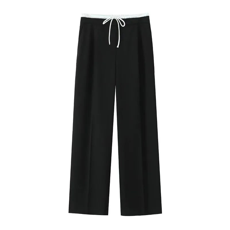 Spring Streetwear Patckwork Black Women Pants High Waist Elastic Wide Leg Long Pants Fashion Summer Bow Tie Trousers