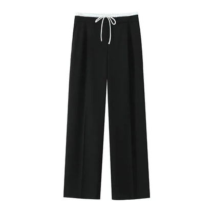 Spring Streetwear Patckwork Black Women Pants High Waist Elastic Wide Leg Long Pants Fashion Summer Bow Tie Trousers