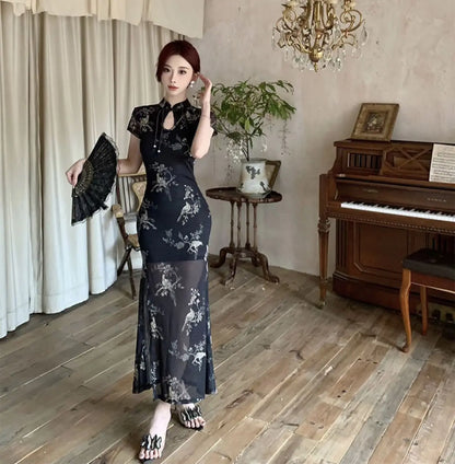 Vintage Chinese National Style Slimming Modified Cheongsam Dress Women's New Summer Chic Y2K Slim Elegant Split Long Dress