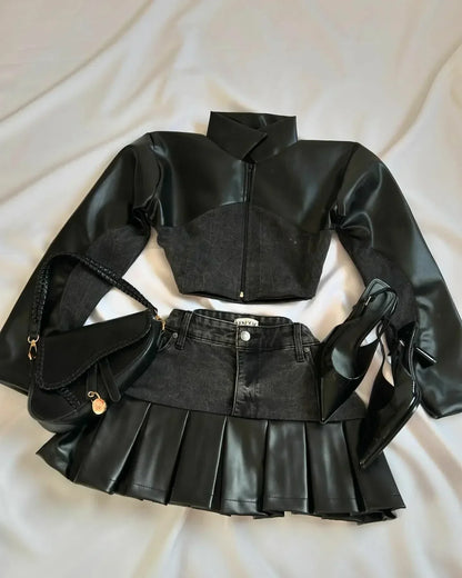 Y2K Suspender Leather Short Skirt Two Piece Set Feminine Lace Personalized Design Punk Motorcycle Style Mini Leather Skirt Suit
