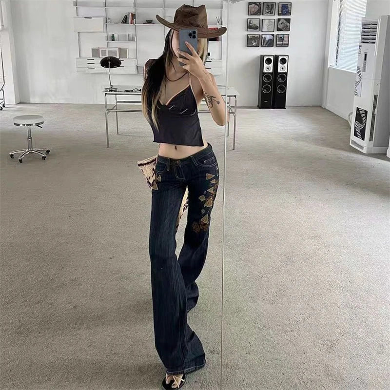 Women's Embroidery Low Waisted Micro Flared Jeans Summer New Casual Slim Denim Narrow Pants Female Sexy Bell-bottoms Trousers
