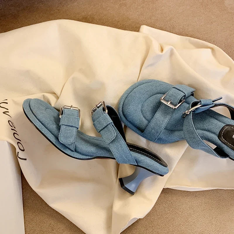 New Blue Denim Jeans Slippers Women Outdoor Mules Mid Heels Fashion Metal Buckle Designer Sandals Square Toe Ladies Slides
