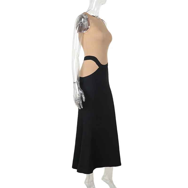 High Neck Sheer Mesh Bodice Curved Waist Hip Cutout Column Maxi Gown