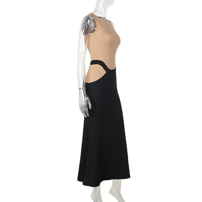 High Neck Sheer Mesh Bodice Curved Waist Hip Cutout Column Maxi Gown