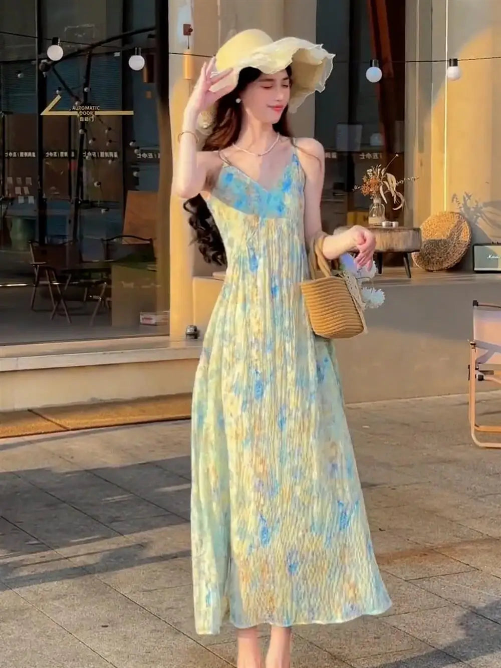 New Pink V-Neck Floral Print Halter Dress Women's Summer Vacation Style Long Dress Tea Break Sweet High Waist A-Line Skirt