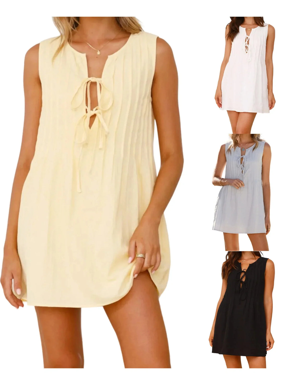 Women s Casual Sleeveless V-Neck Mini Dress with Front Tie Detail and Pleated Skirt for Summer Beach Party