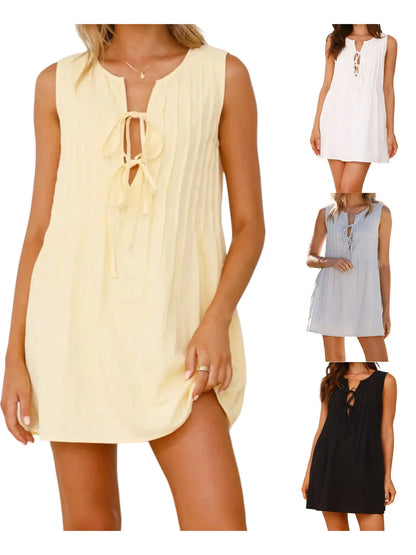 Women s Casual Sleeveless V-Neck Mini Dress with Front Tie Detail and Pleated Skirt for Summer Beach Party