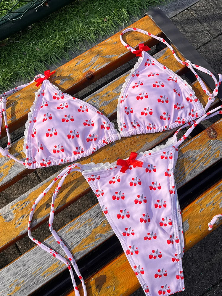 Plaid Print Bikinis Bow Swimwear Women Swimsuit Triangle Bikini Set Bandage Bath Suit Low Waist Thong Beachwear New Biquini