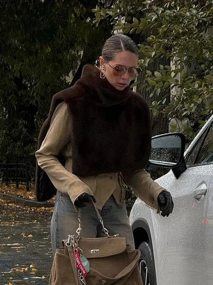 Cool Winter Women Artificial Fur Vest Turtleneck Sleeveless Pullover Female Mink Fur Jacket Instagram-Style Lady Eco Fur Outwear