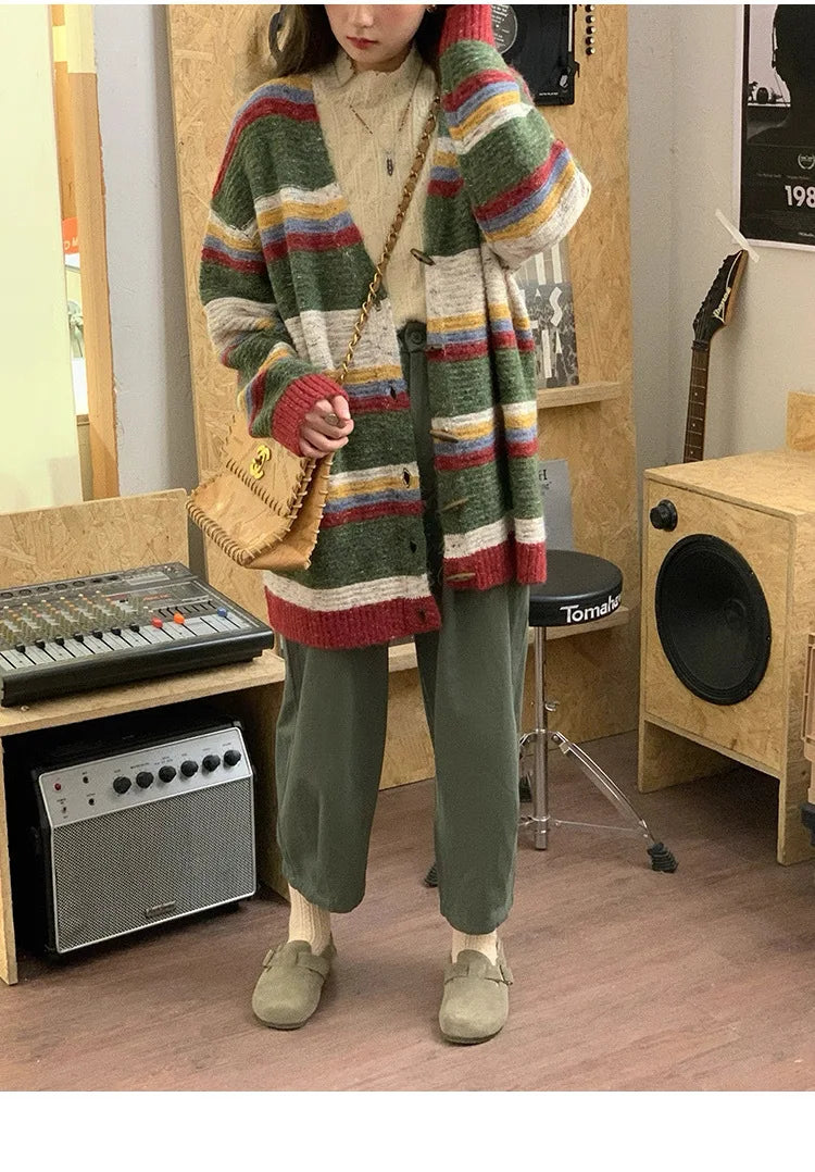 Striped Sweater Jacket Autumn New Style Loose Slimming Contrasting Long Sleeved Knitted Sweater