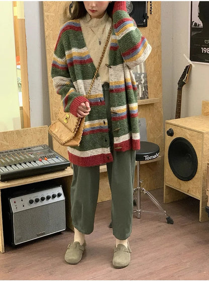 Striped Sweater Jacket Autumn New Style Loose Slimming Contrasting Long Sleeved Knitted Sweater