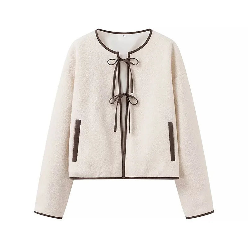 Elegant Women's Lamb Wool Cropped Cardigans Round Neck Lace-Up Long Sleeve Pocket Short Jackets 2024 Autumn New In Outerwears