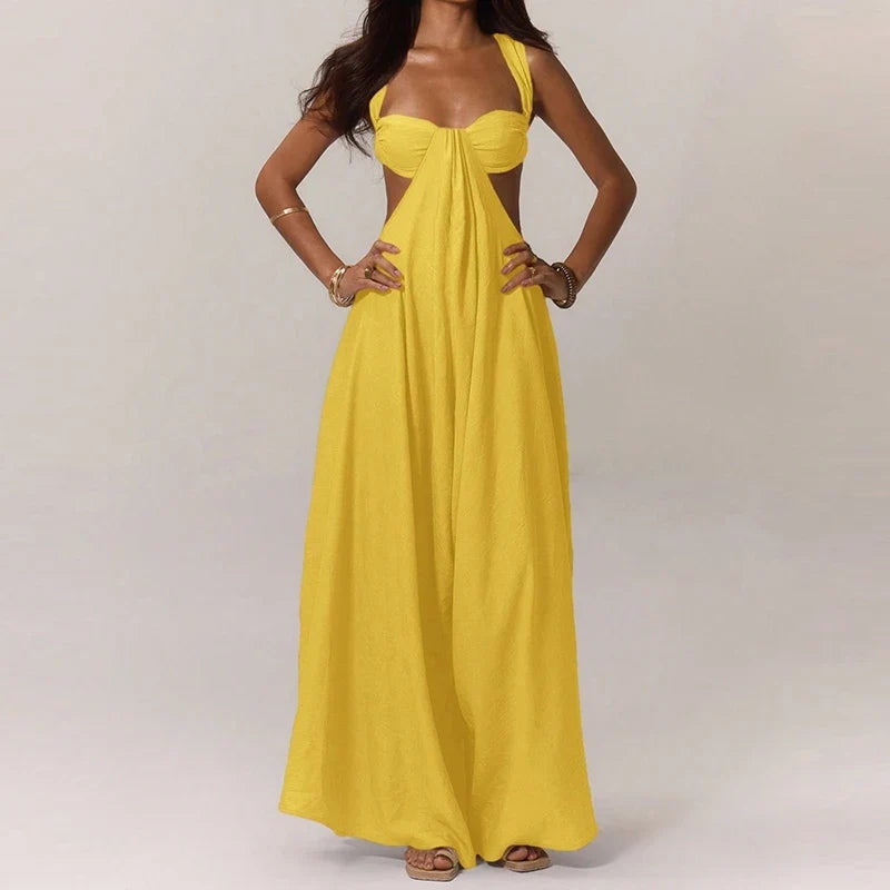 Fashion Hollow Waist Halter Wide Leg Jumpsuits Sexy Tube Top Sleeveless Solid Color Playsuits Lady High Street Commute Rompers