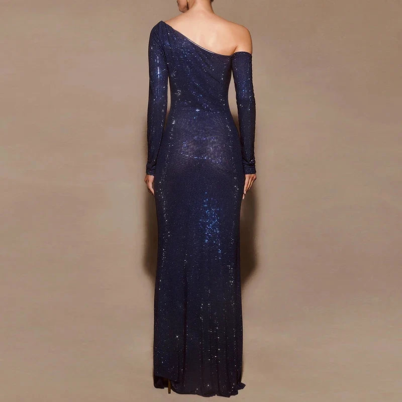 Sexy Sheer Mesh Patchwork Sequin Banquet Evening Dresses Women Spring Slash Neck Slim Long Dress Autumn Backless Hollow Vestidos