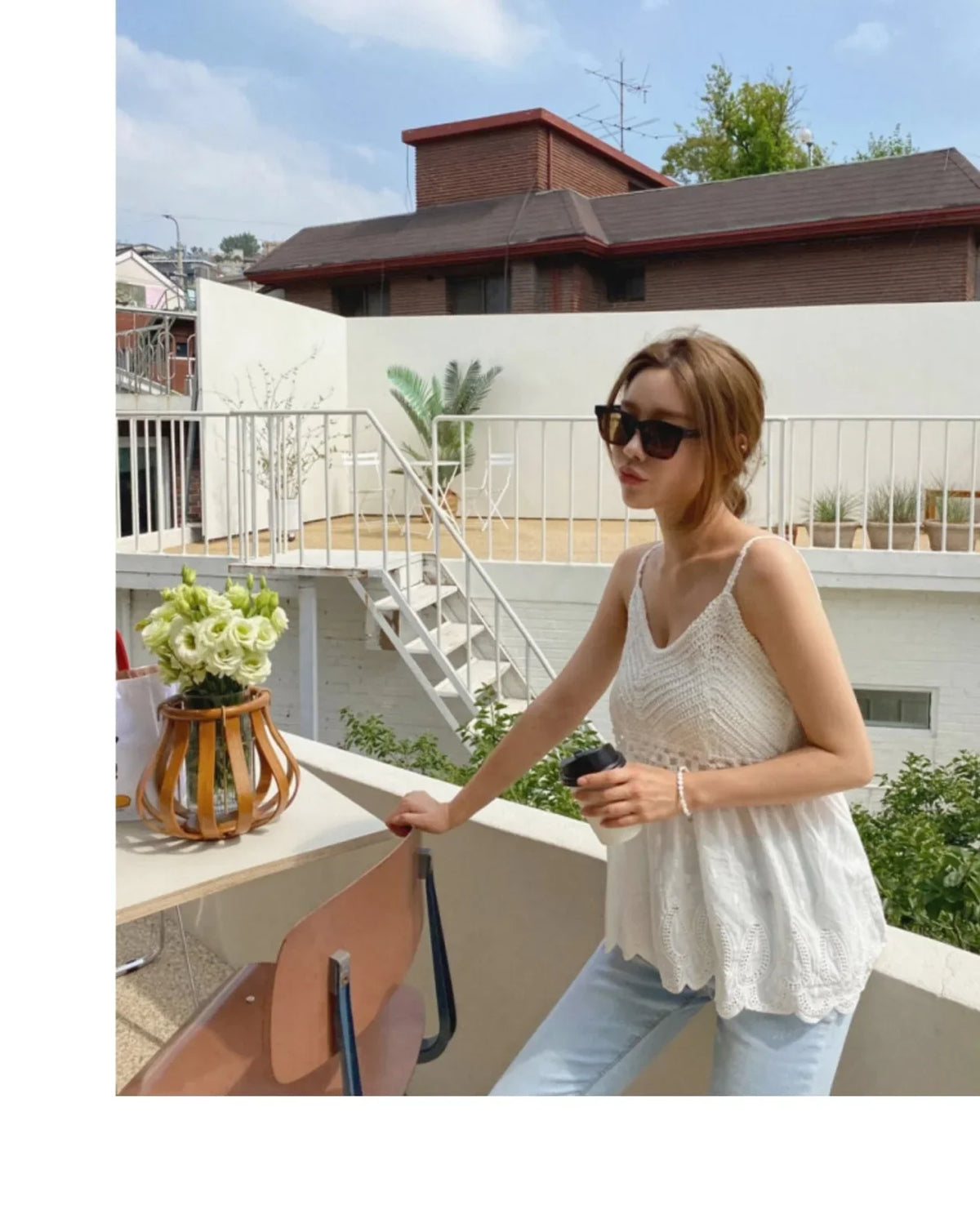 Summer Korean Authentic Sexy Hanging Strap Hollow Hook Flower Spliced Cotton Cloth Hanging Strap Temperament Tank Top for Women