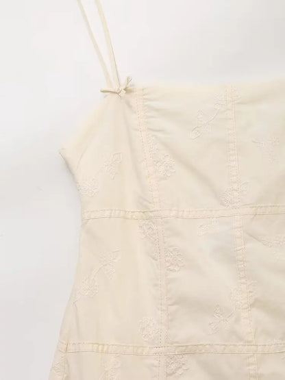 Solid Beige Plaid Embroidery Short Dress Sleeveless Sqaure Collar Casual Bow Women Dress Sweet Chic Summer Vestidos
