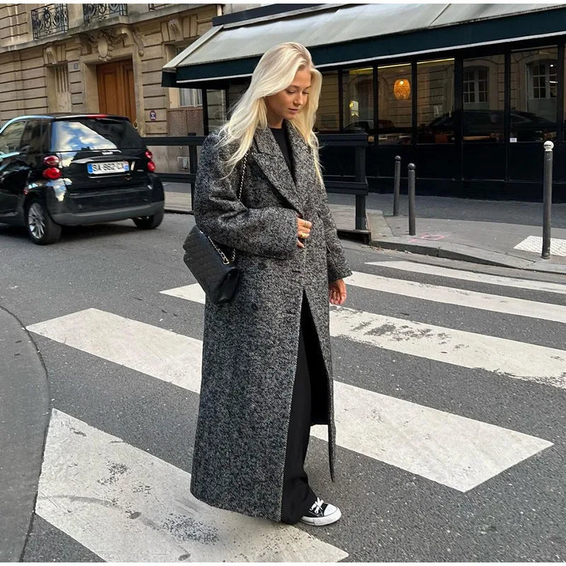 Women Herringbone Wool Tweed Overcoat Fashion Long-Sleeved Turn-down Collar Coat Double Breasted High Street Outerwears