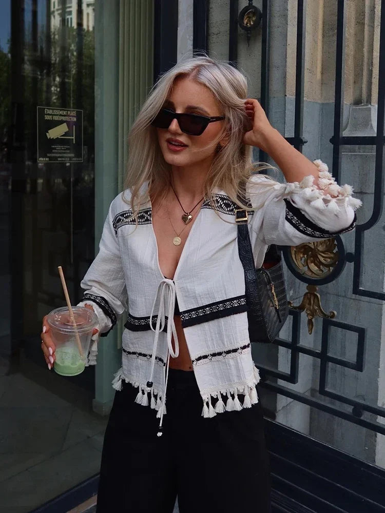 Tassel Casual Loose Apricot Blouse Top Summer Autumn 3/4 Sleeve Tie Up Holiday New Blusa Mujer 2024 V Neck Top