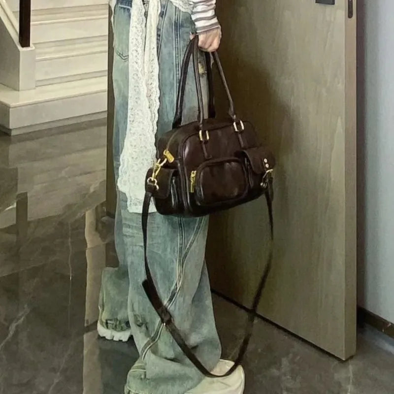 Retro Brown Bowling Tote Bag Women Ladies Leather Multi Pocket Large Capacity Shoulder Bag Ladies Fashion Boston Crossbody Bags